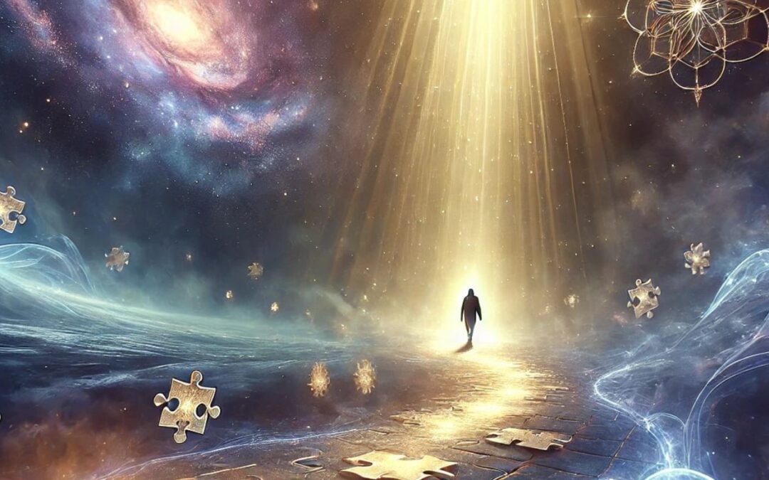 A figure walking a path of puzzle pieces with celestial light illuminating the path representing Navigating the Compressed Time Segment