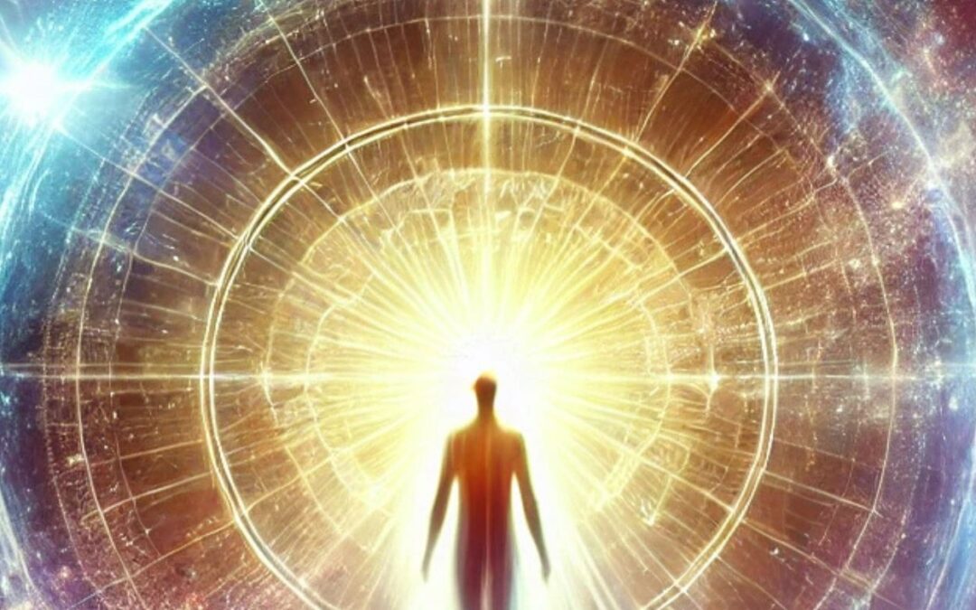 Human standing in transformational light of the universe representing The Revealing Stage of Earth's Transition