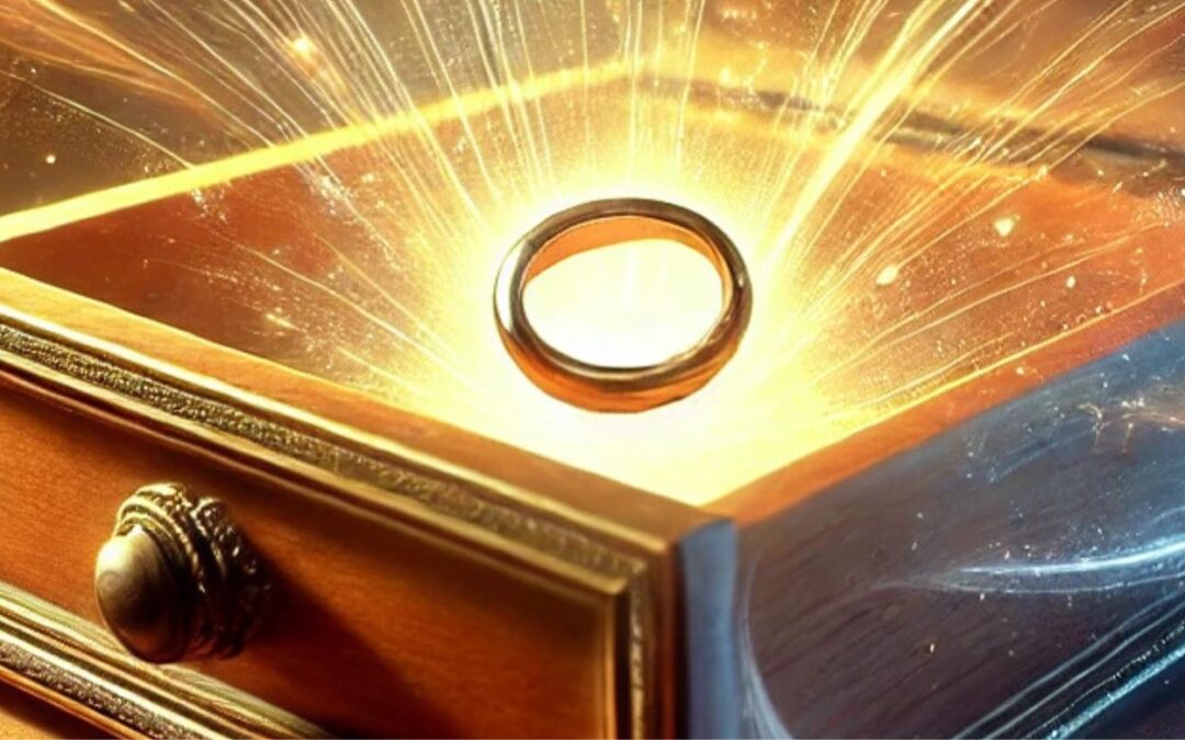 glowing ring in a box surrounded by magical looking wisps representing symbols for manifestation